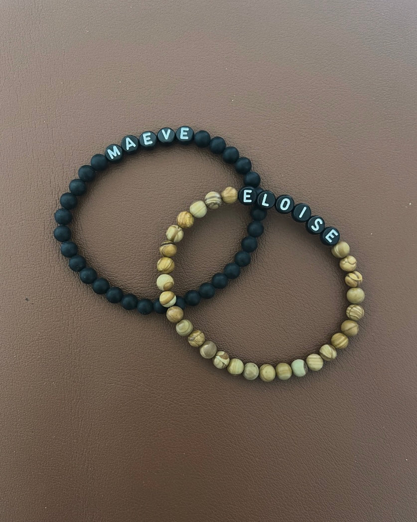Modern Classic Name Bracelet- Black bead & white lettering