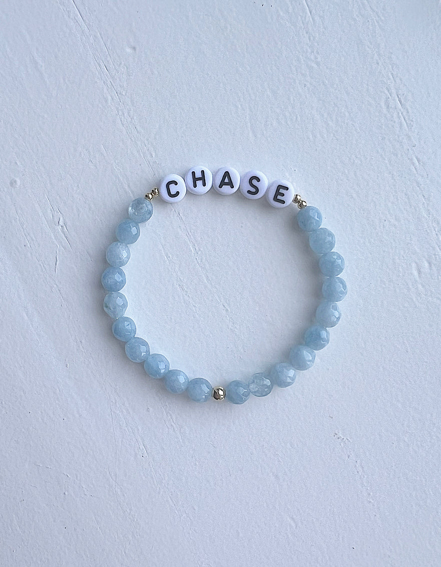 Aquamarine Faceted Gemstone Personalized Name Bracelet