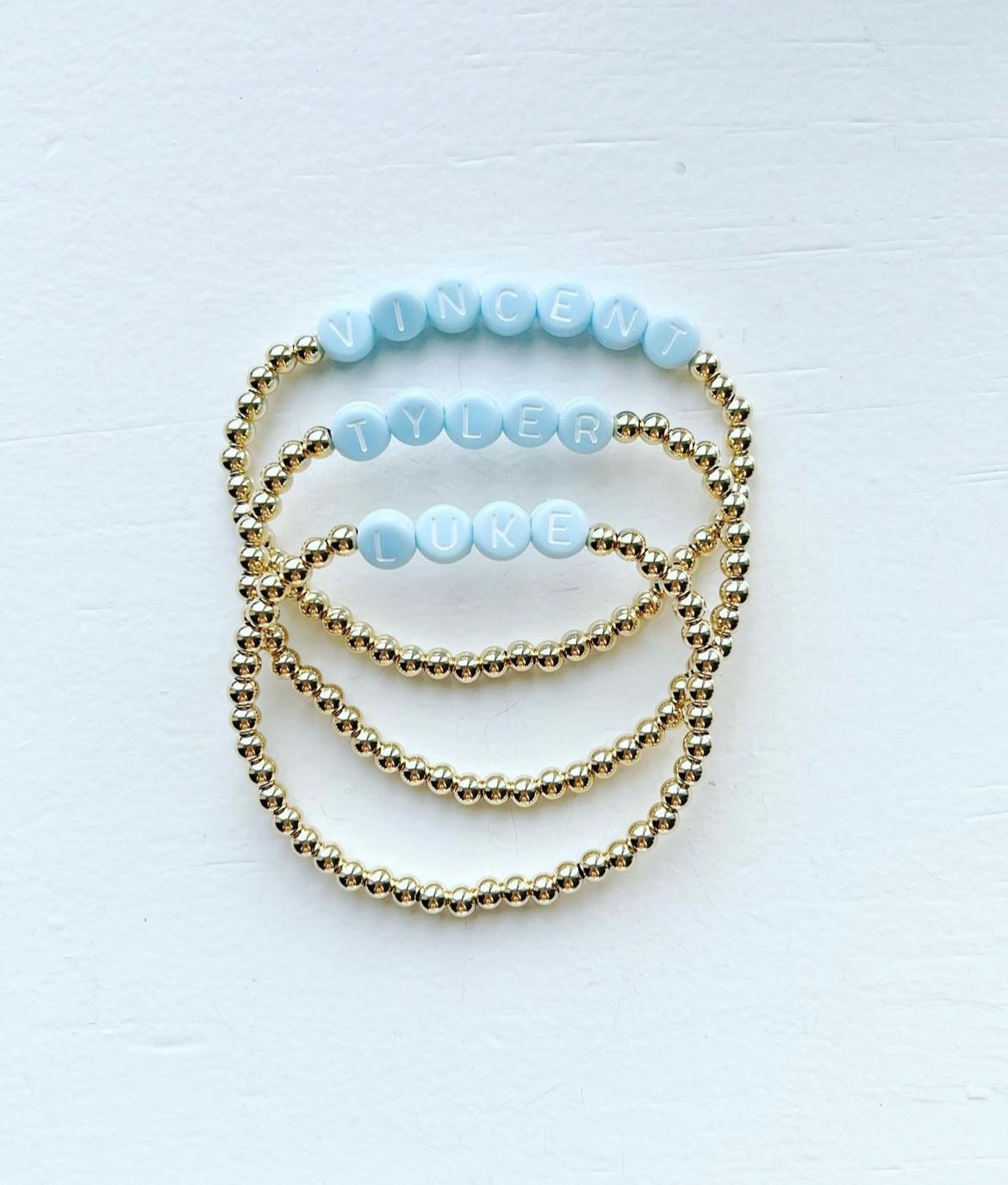 Classic Name Bracelet- Baby Blue & White Letter Bead