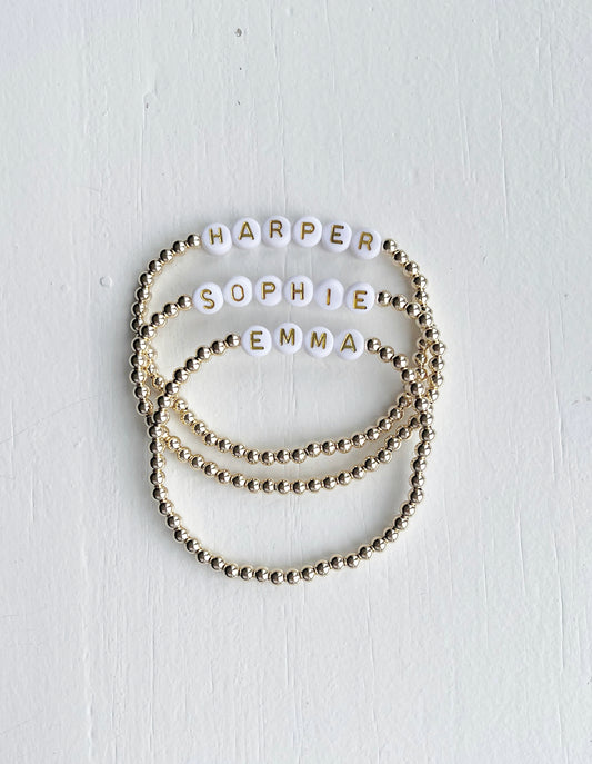 Classic Name Bracelet- Gold & White letter beads