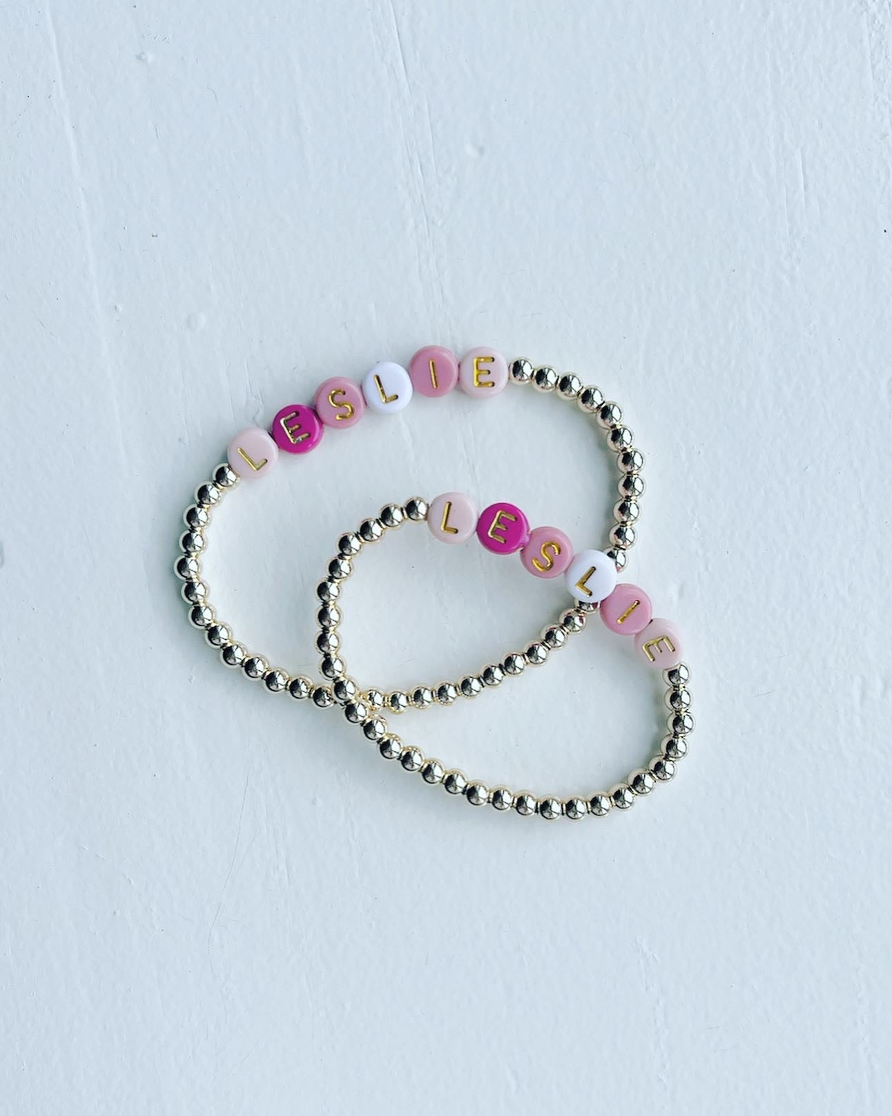 Classic Name Bracelet- Pink Ombre & Gold Letter Beads