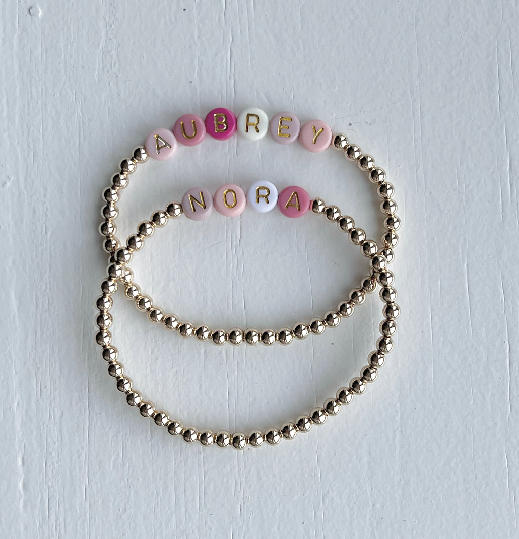 Classic Name Bracelet- Pink Ombre & Gold Letter Beads